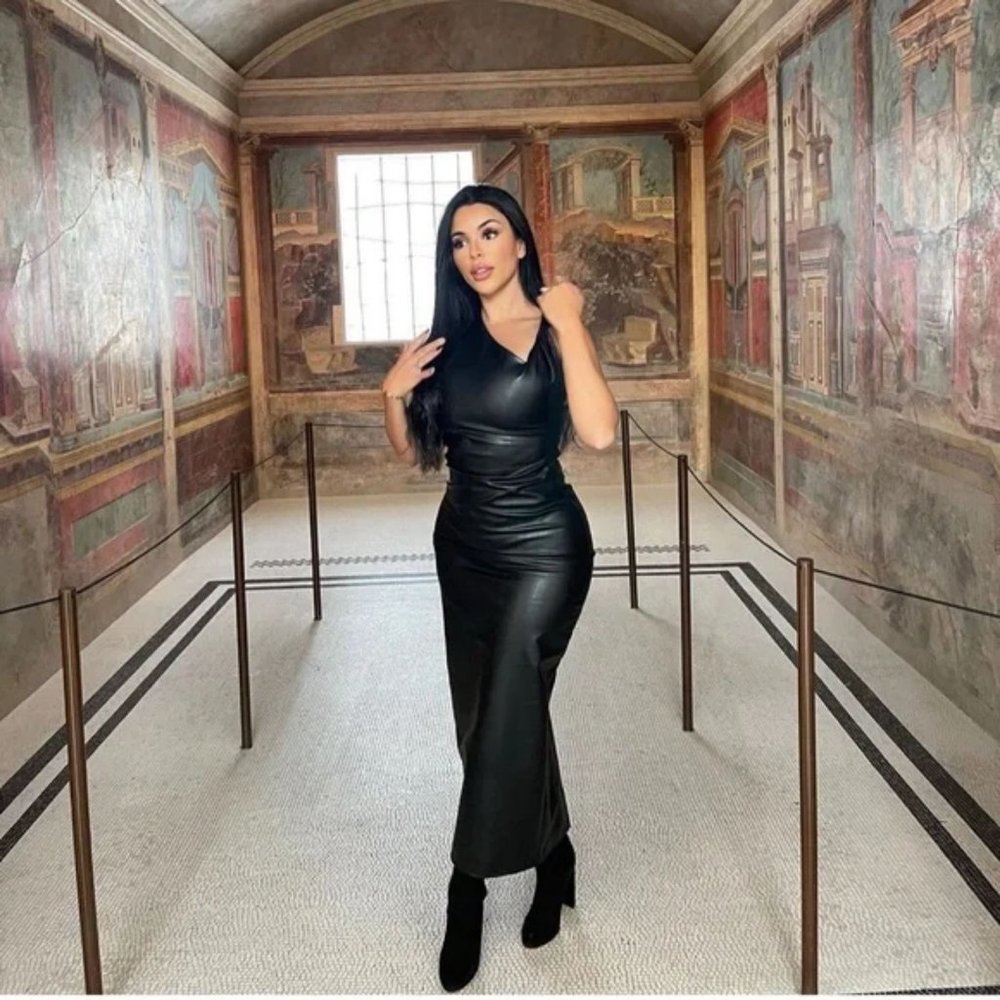 ZARA FAUX LEATHER MIDI BLACK DRESS - Picture 1 of 5